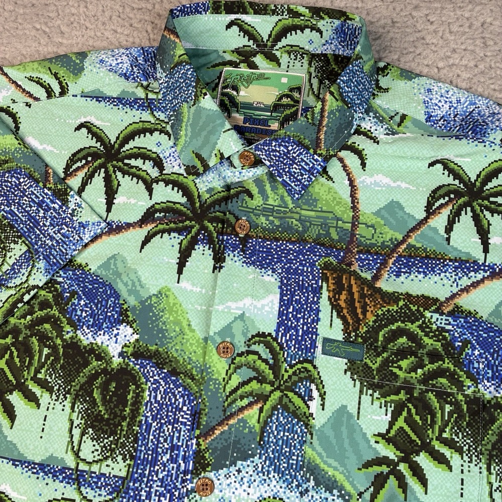 Retro Rifle Pixel Paradise Hawaiian Floral Shirt Men's XXL Tropical Aloha Button
